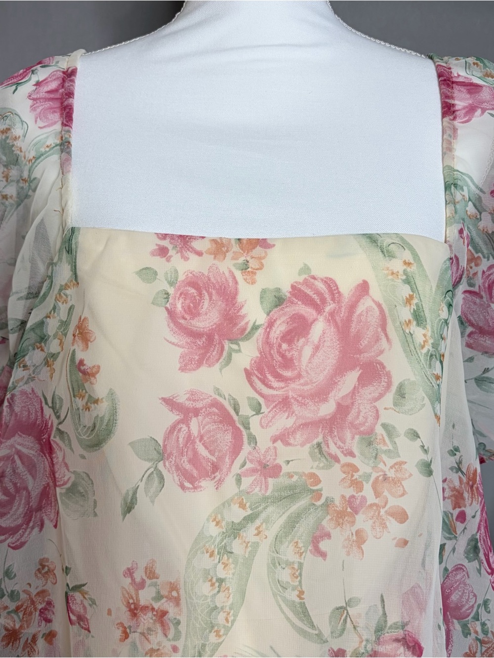 Vintage 70s Floral Maxi Dress Ivory Pink Tiered Ruffle Cottagecore Prairie Gown - Picture 5 of 11